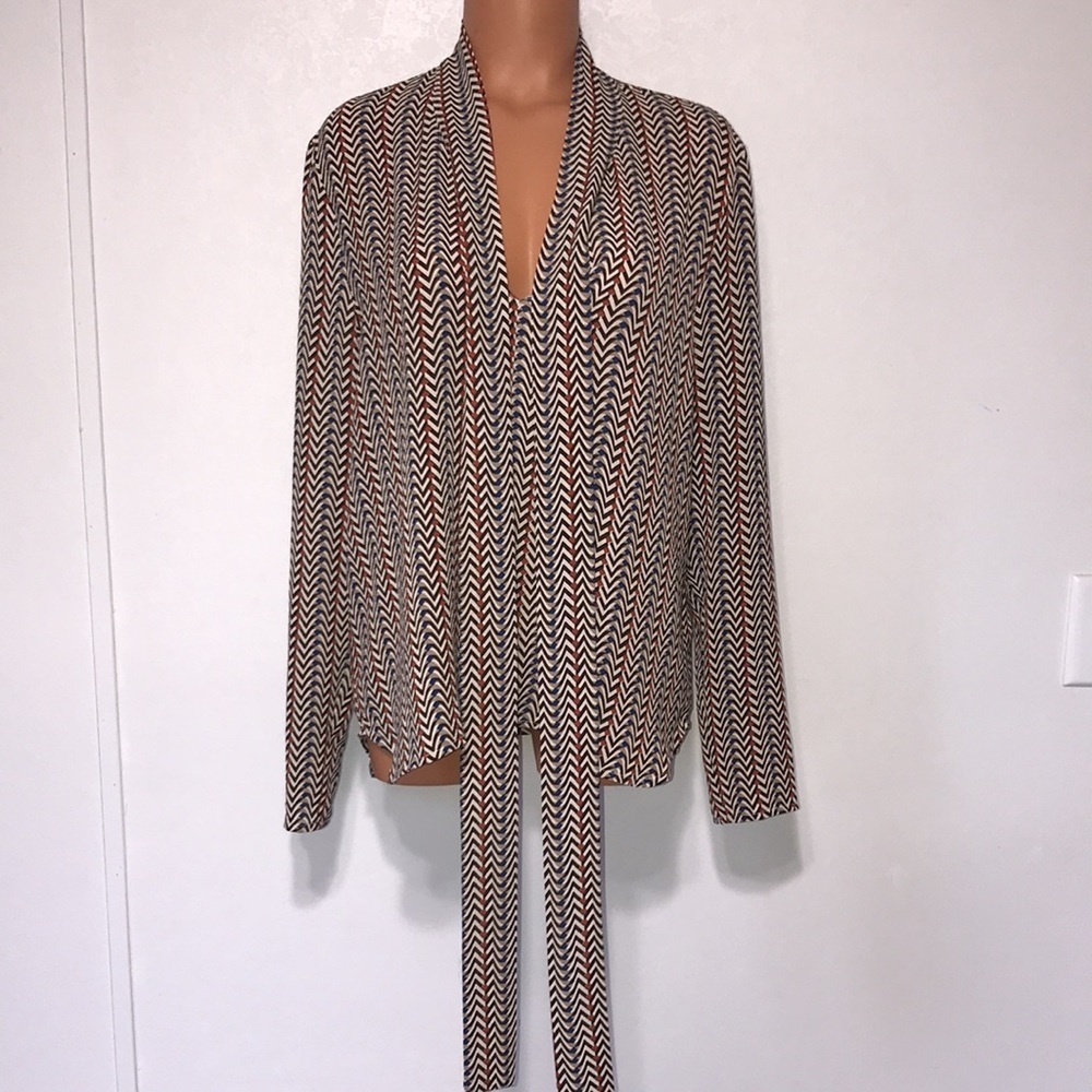 Jenn Zig Zag Neck Tie Long Sleeve Top Brown Size EU 40